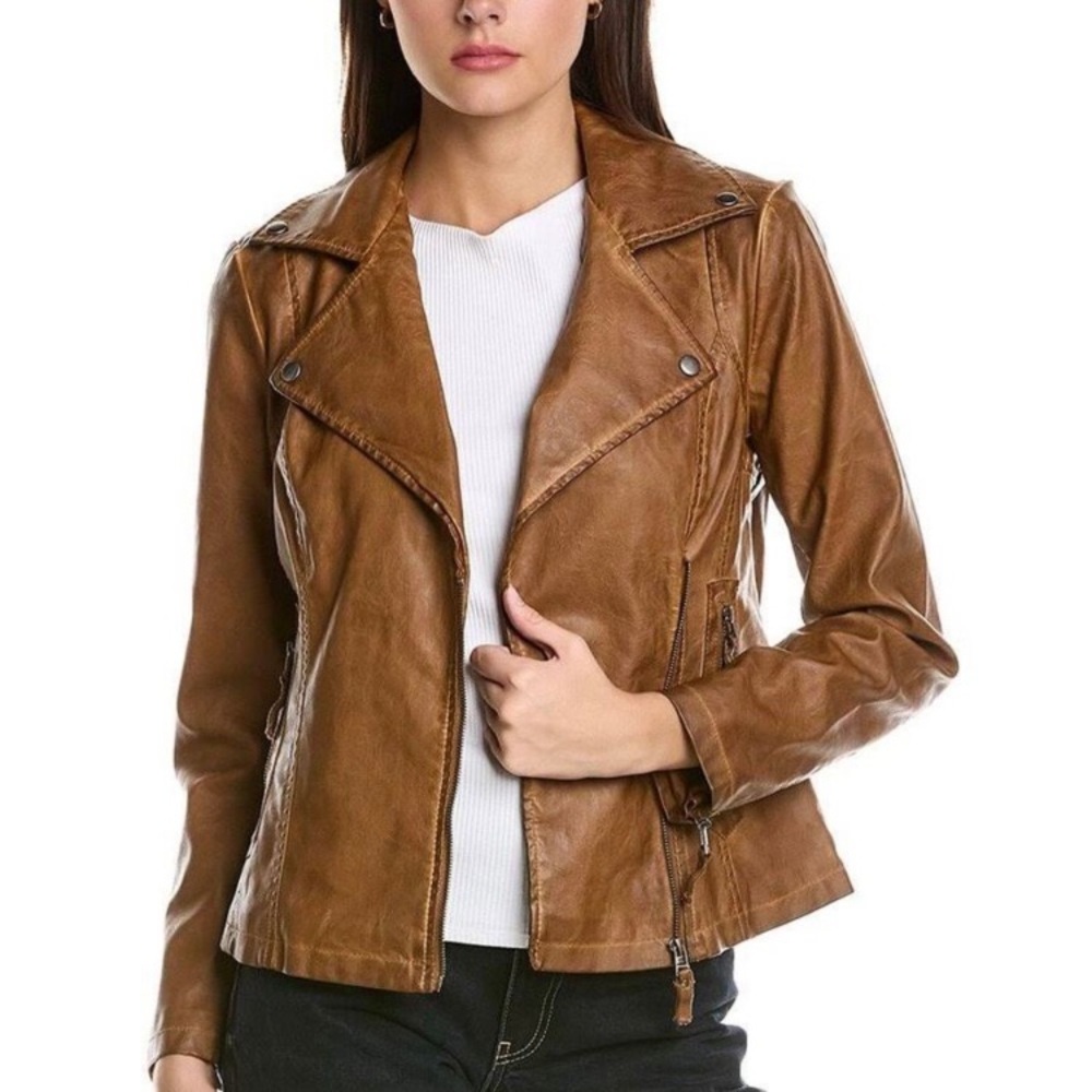 NWT MAX STUDIO COGNAC BROWN CLASSIC VEGAN LEATHER CROPPED MOTO JACKET SZ MEDIUM